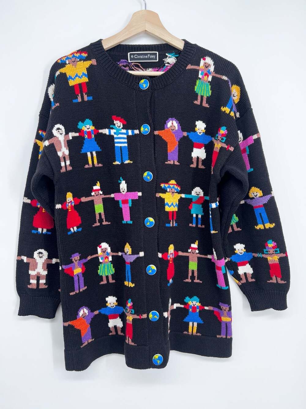 Vtg 80s Christine Foley Cardigan Womens Large Black Multi Children of the World